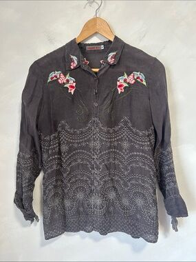 Johnny Was Grey Collared Button Down Shirt Embroidered eyelet silky Small
